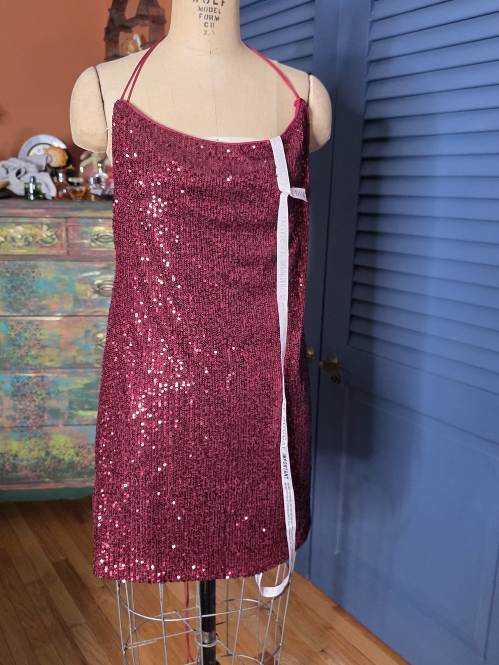 NWT Ieena for Mac Duggal Open Back Lace-Up Sequin Mini Dress Burgundy